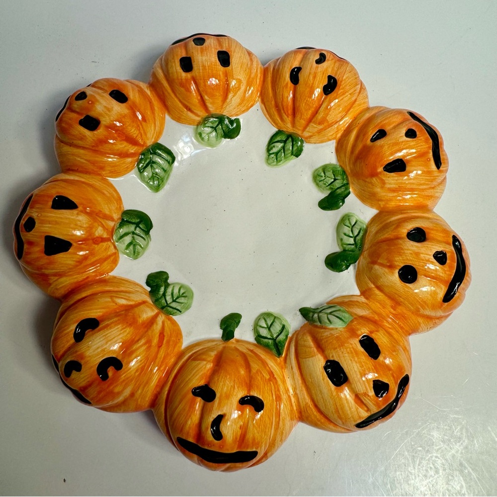 HALLOWEEN Harvest Pumpkin Bowl ceramic Candy Dish. Handpainted earthenware dish.